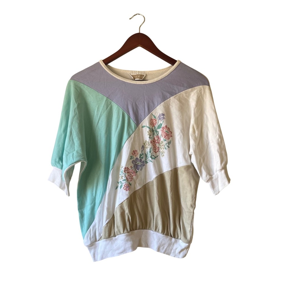 Vintage Colorblock Floral Sweatshirt Women's Pastel Patchwork‎ Casual Top medium